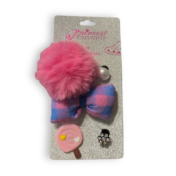 Shoe Croc Charms Set of 5 Pearl, Bling Flower, Lollipop, Bow & Pom Pom in Pink - Picture 2 of 2